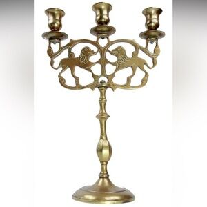 Pair of Late 19th Century Antique Brass Lions of Judea 3 Cup Sabbath Candelabra